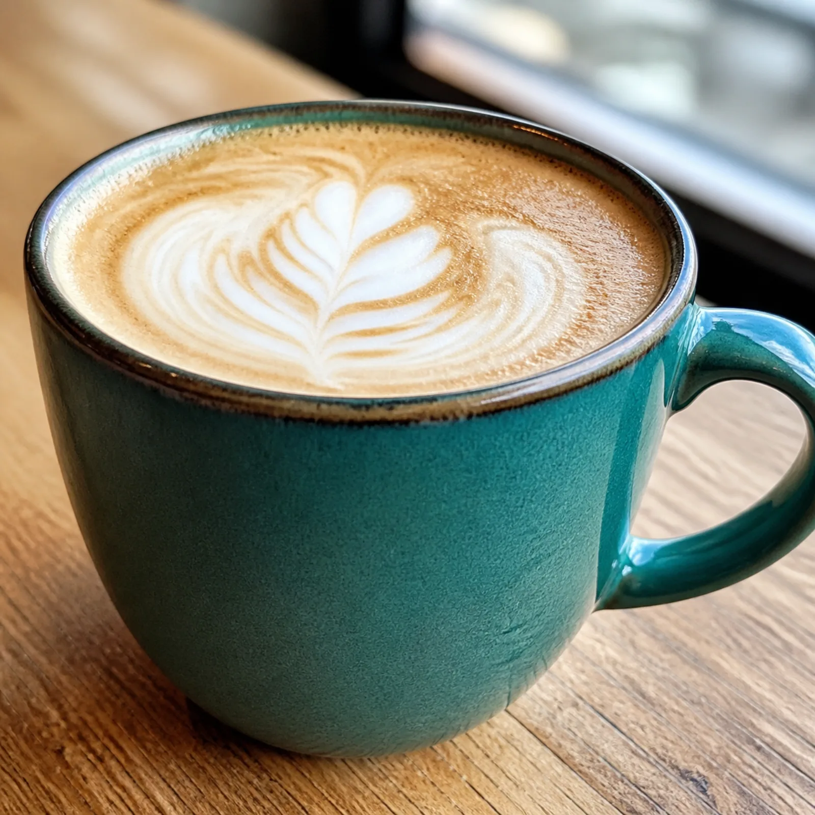 A fresh latte with rosetta art in a teal Milo mug on the counter